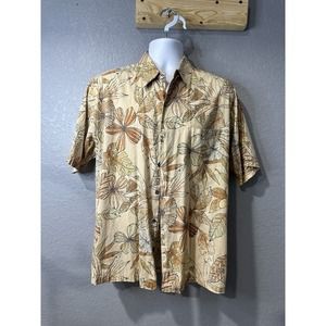 MENS TORI RICHARD HAWAII MADE‎ SHORT SLEEVE BUTTON SHIRT Tan TROPICAL LEAVES M